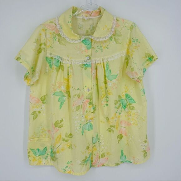 Vintage Button Up Pajama Top Peter Pan Collar Lace Butterflies Yellow Size L - Picture 2 of 10